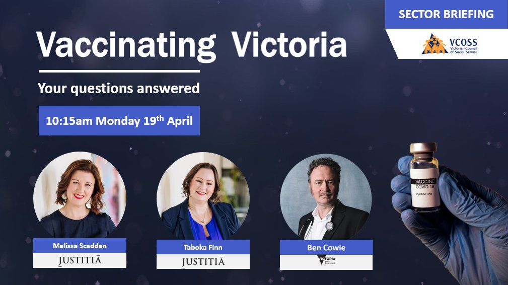 VCOSSLink's tweet image. How's the COVID vaccine rollout going, and how does it affect your workplace?

This free online session next week will cover:

👩‍⚕️ Practical questions surrounding the vaccine +
⚖ Associated legal issues for employers

@JustitiaLawyers @VicGovDH

Register: events.humanitix.com/vaccinating-vi…