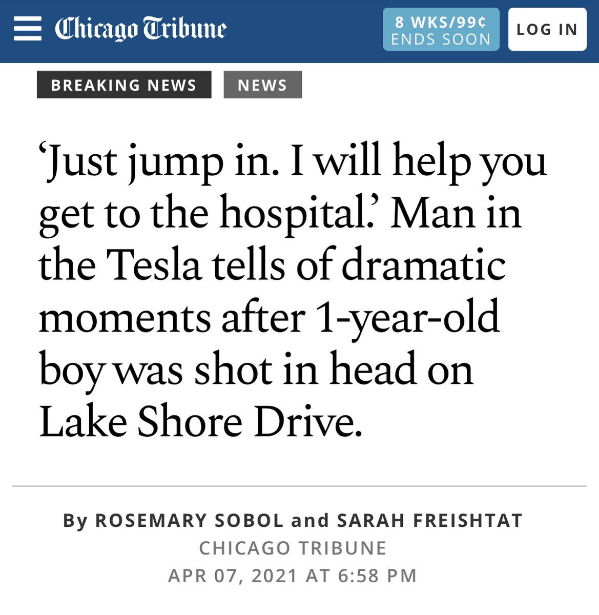 wholemars's tweet photo. Let’s talk about this story about a 1 year old boy who was shot in the head in a road rage incident. 

It started when one car wouldn’t let the other merge. Next thing you know, 5 shots fired and one hit the baby boy. 

Luckily a Tesla was there to get them to the hospital ASAP. https://t.co/xnju2qkzPW