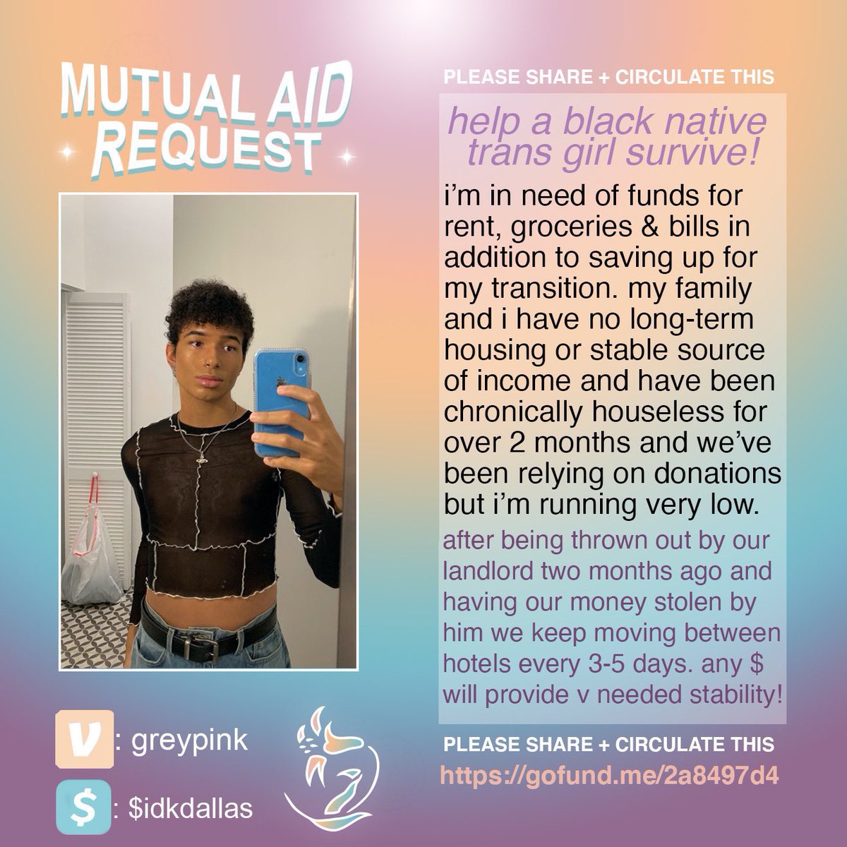 northstardoll's tweet photo. i’m still living between hotels + traction has completely slowed down for my gfm. hoping to save enough to stay in one place for at least a month but i need grocery/food funds. pls keep sharing this across all platforms!
https://t.co/ljQRYuJ8eR
cshapp: $idkdallas
vnmo: greypink https://t.co/lyCToWagqw