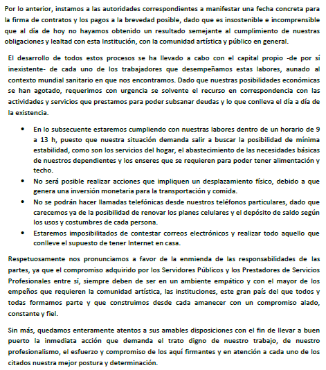 El dia de hoy los compañeros del Sistema Nacional de Creadores iniciaron un paro parcial y entregaron el siguiente escrito
<a href="/Univ_Cultura/">El Universal Cultura</a> <a href="/El_Universal_Mx/">El Universal</a> @reformacultura <a href="/lajornadaonline/">La Jornada</a> @CulturaMural @CronicaCultura <a href="/DianaAlcarazD/">Diana Alcaraz</a> <a href="/mariarri_/">María Rivera</a> <a href="/MOCCAMEXICO/">MOCCAM</a>