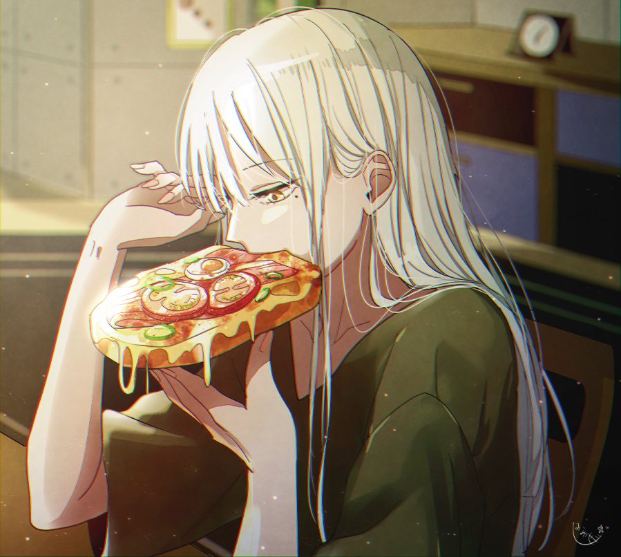 food solo long hair holding food holding eating pizza  illustration images
