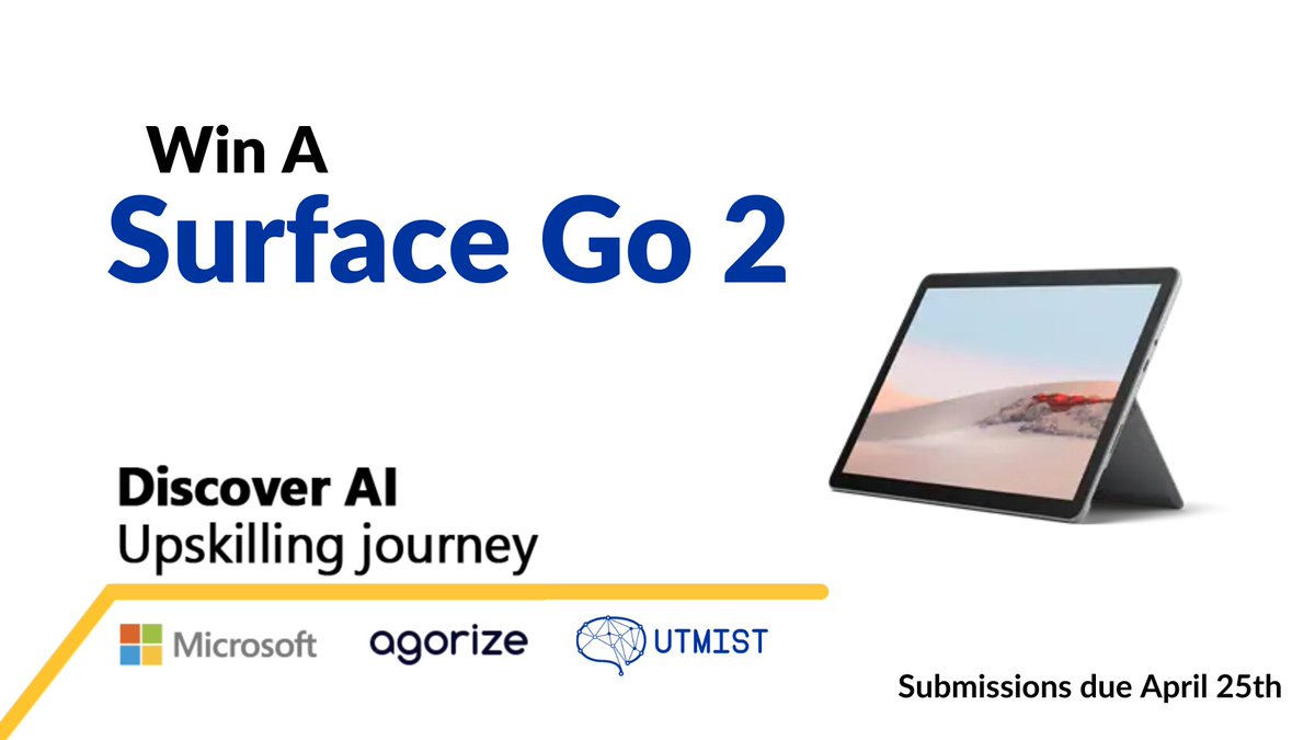Don’t miss out on the Discover AI Challenge with Microsoft, Agorize, and UTMIST! A Microsoft Surface Go 2 is calling your name. Find out more at: bit.ly/39QHDbp.

#MachineLearning #Microsoft #codingchallenge