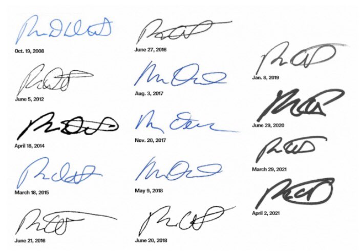 RonFilipkowski's tweet photo. The Tampa Bay Times compared signatures on official documents of Ron Desantis from 2008-2021. This from the Governor who is pushing a new law with strict “signature match” requirements on ballots. https://t.co/P9se3cv69c