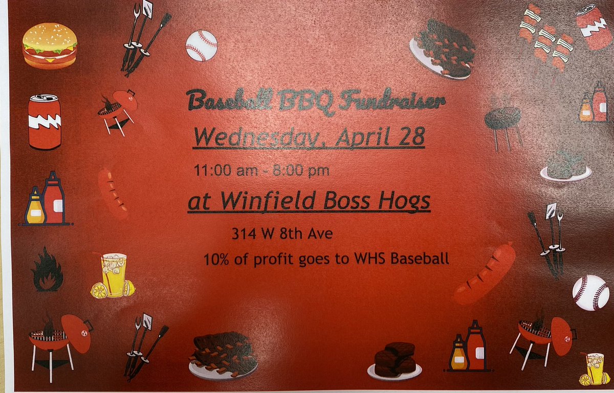 WHSBASEBALL's tweet photo. Be sure to save the date for April 28th! Boss Hogs BBQ! 10% of profit goes to your WHS Baseball team! 🍖⚾️ https://t.co/cWgin9atlP