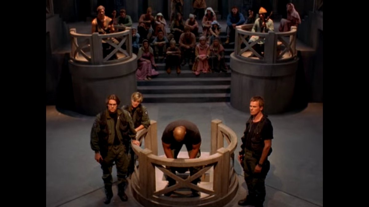 S01E15 - Cor-aiNice twist on the standard sci-fi trope "alien culture death trial" episode, where the alien culture is super nice and you kinda see their point. They kinda cheat their way out with the, "but it was a good murder..." not trusting the audience to forgive Teal'c.