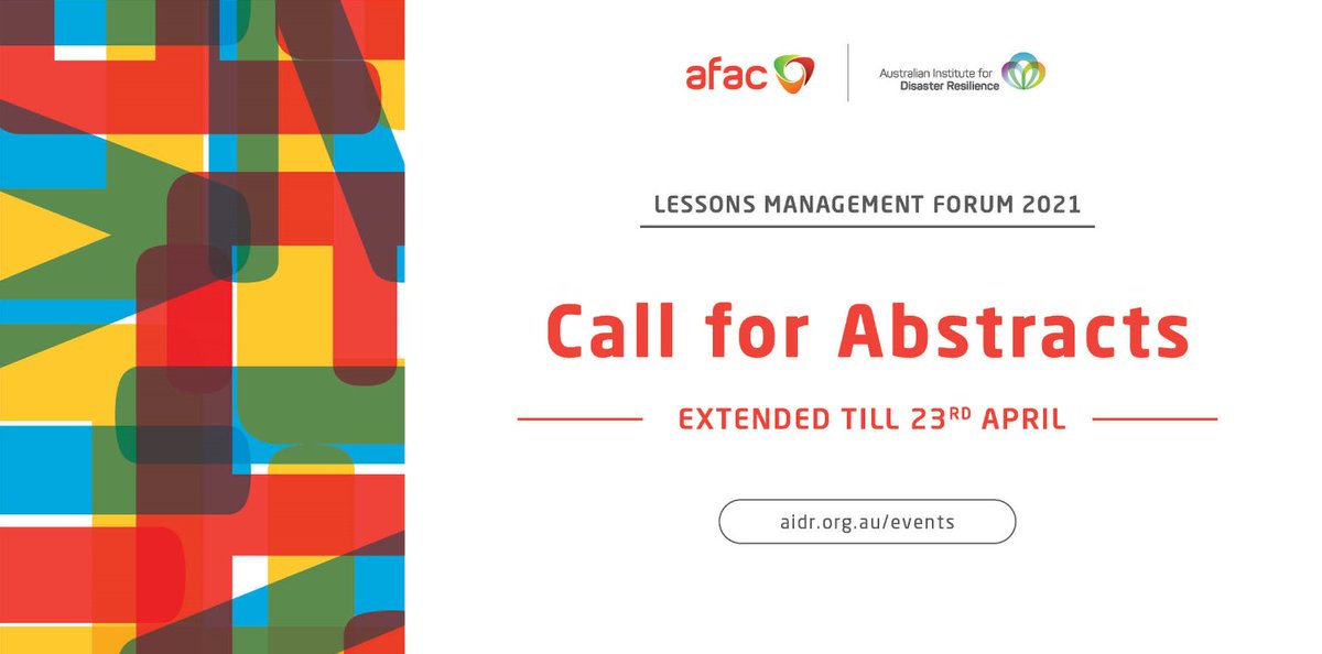AFACnews's tweet image. The call for abstracts is open for the joint AFAC and AIDR Lessons Management Forum to be held in Brisbane on 6-7 July. 
Learn more and submit your abstract here: aidr.org.au/resources/2021…