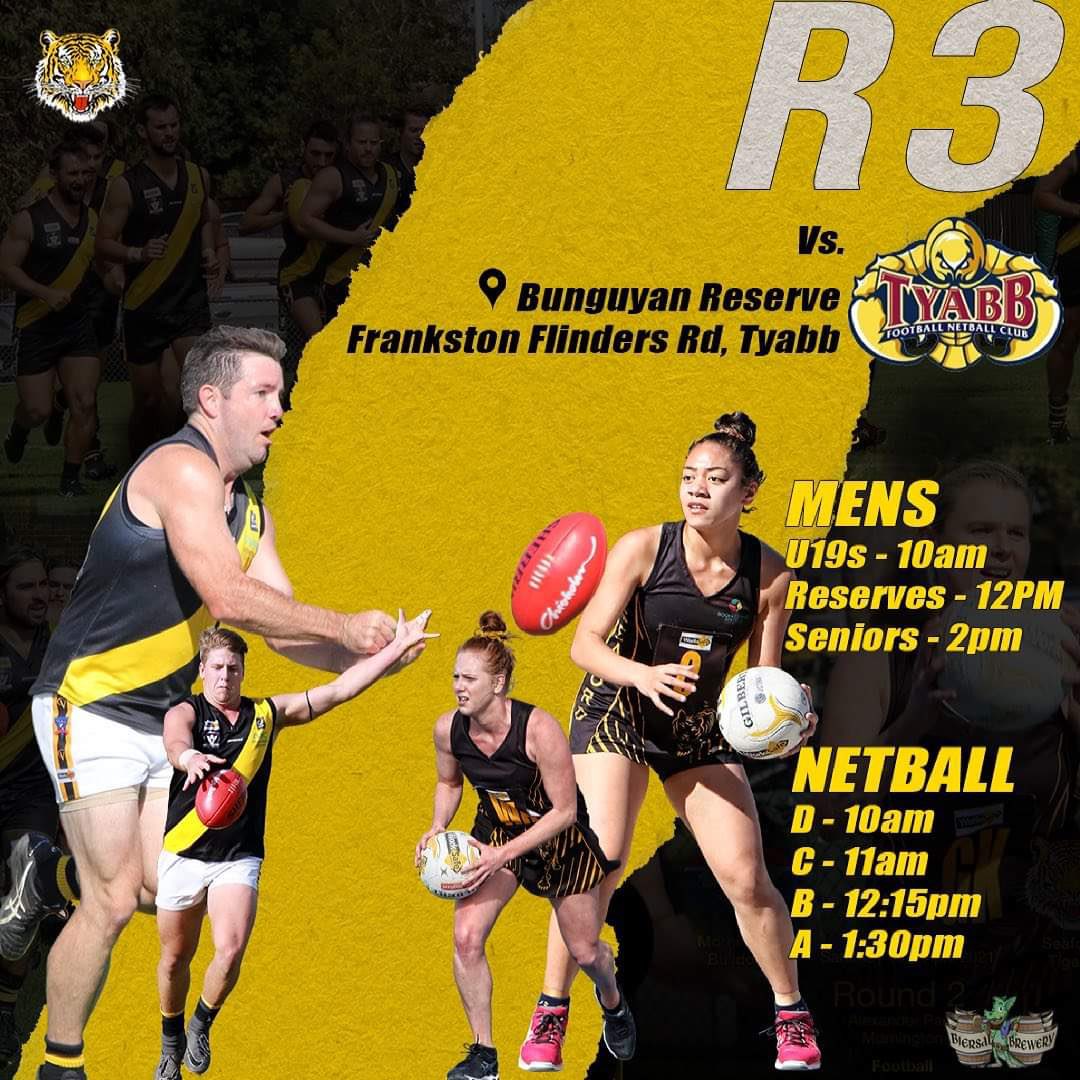 Round 3 
<a href="/SeafordFNC/">Seaford FNC</a> Vs <a href="/TyabbFNC/">Tyabb Yabbies FNC</a> 
Saturday 17th
📍 Bunguyan Reserve 

Men’s Football
U19s - 10am
Reserves - 12pm
Seniors - 2pm

Netball
D - 10am
C - 11am
B - 12:15pm
A - 1:30pm

#weroarasone21 
#yellowandblack 
#sfnc21