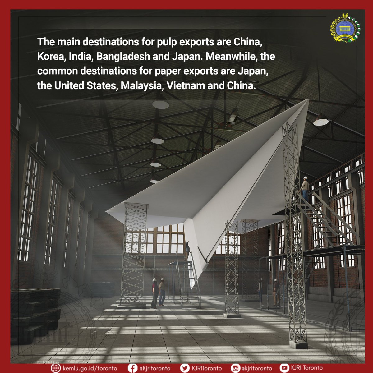 INAinToronto's tweet photo. The main export destinations for Indonesian pulp are China, South Korea, Bangladesh and Japan. Meanwhile, the destination countries for Indonesia's paper exports are Japan, the United States, Malaysia, Vietnam and China.
#IniDiplomasi #RintisKemajuan #IndonesianExport #Indonesia https://t.co/G6ScBHIDOs
