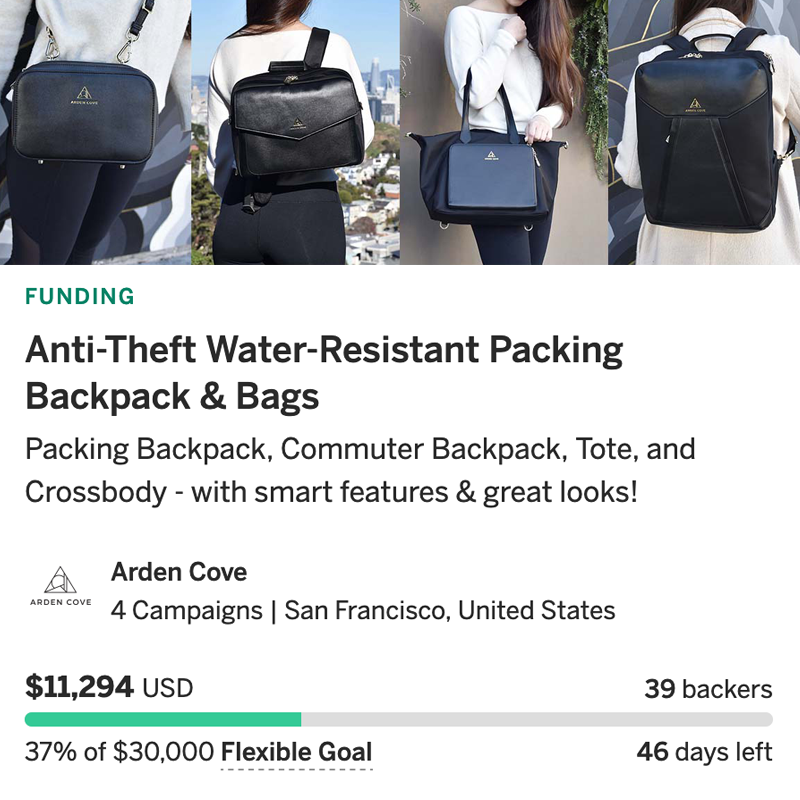 ArdenCove's tweet photo. It is Day 2 of our @Indiegogo campaign, and we've already achieved 37% of our goal! Help us reach our goal by either getting one of these beautiful bags for yourself, or sharing the campaign with a #travel loving friend 💖