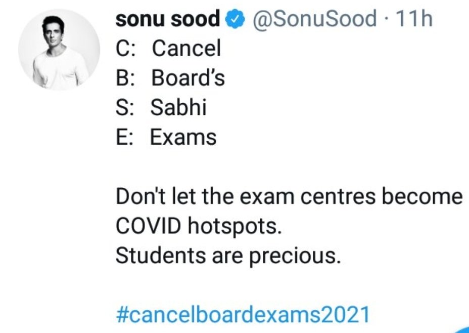 CricketupdatesO's tweet photo. #cancelboardexams2021
Really big thanks to @SonuSood sir 🙏🙏he is real hero in our life🙏
If any students agree to cancel, then retweet more as possible 🙏🙏🙏🙏🙏😭😭😭😭😭😭😭 @cbseindia29 #cancelboardexams #cancelboardexams2021 🙏🙏🙏 https://t.co/dceNEExuEu