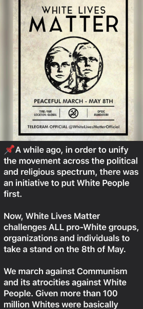 A telegram post from the white lives matter telegram channel saying that they will hold another rally on May 8th