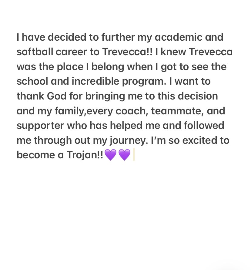 AsmondyBrie's tweet photo. So thankful to be committing!! I‘m going to continue my education and softball career at Trevecca!!💜 @TNUsoftball @FuryTuttle @SpringfieldSof1 @betyree https://t.co/YDmd6odp5U