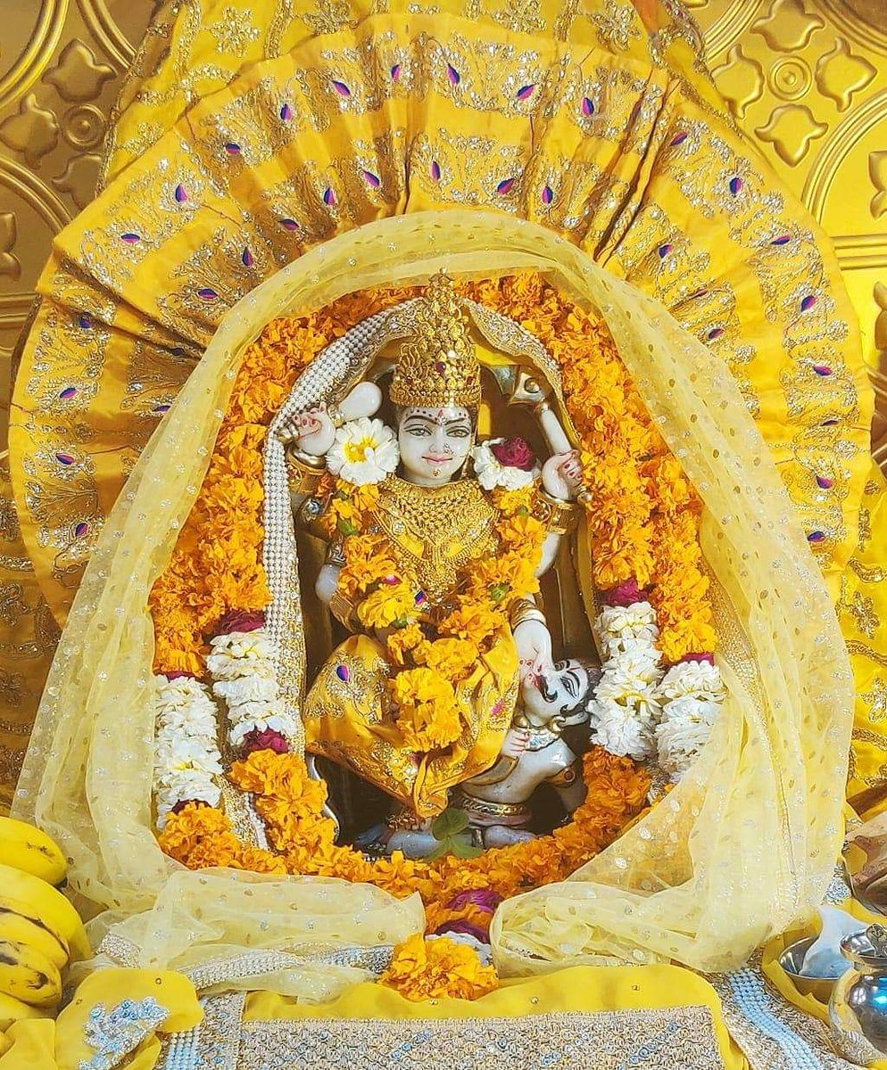 Maa Baglamukhi is propitiated with yellow offerings by devotees dressed in yellow, seated on a yellow cloth.
