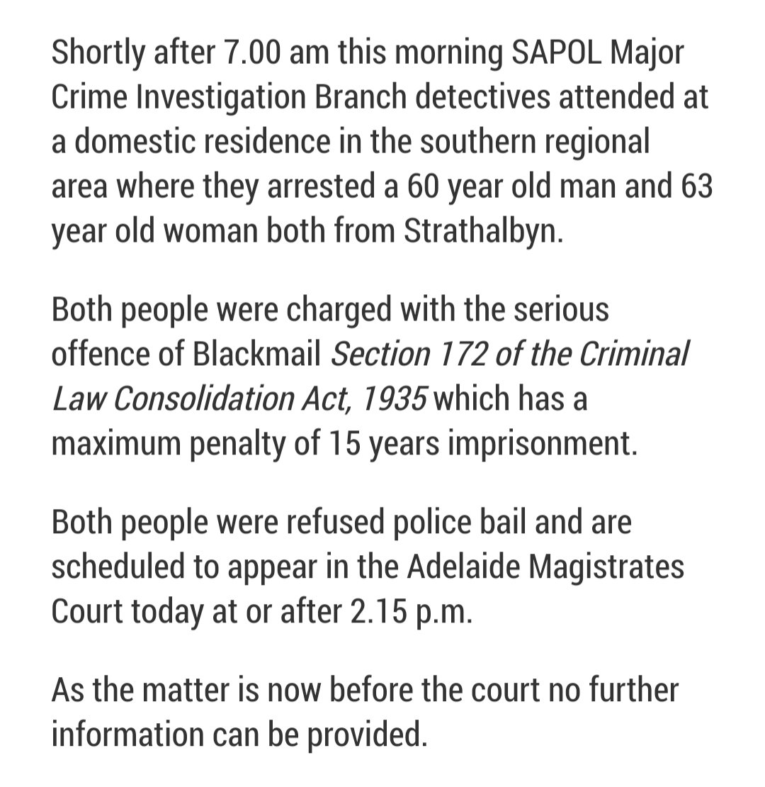 Rory_McClaren's tweet image. A statement from @SAPoliceNews. It's understood those charged are former Labor MP @AnnabelDigance &amp;amp; her husband. It's believed the person being blackmailed is current opposition leader @PMalinauskasMP. #9newscomau