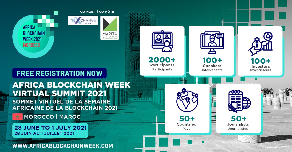 AfricaBCW_2021's tweet photo. Free registration is now open!! The Africa Blockchain Week Virtual Summit will take place from 28 June to 1 July with approx. 2000+ participants and 100+ speakers! 
Join now for FREE at https://t.co/8QZKZH9hZ3
For more info, visit https://t.co/napR94d4tN
#AfricaBlockchainWeek2021 https://t.co/FqjQwnQgry