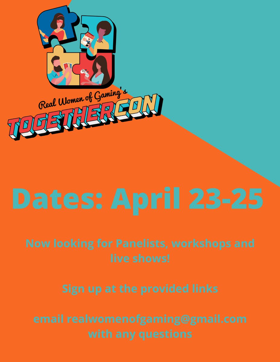 RealWomenGaming's tweet photo. The deadline to sign up for #TogetherCon has been extended to 4/19 at 4pm EDT. Submissions entered after the deadline will not be considered. 

Panels/workshops/live shows sign up here: https://t.co/M4Dj0oF3si

Vendors sign up here: https://t.co/Y5iSWQygl7
#TTRPG #gaming https://t.co/SQp1T4Khly