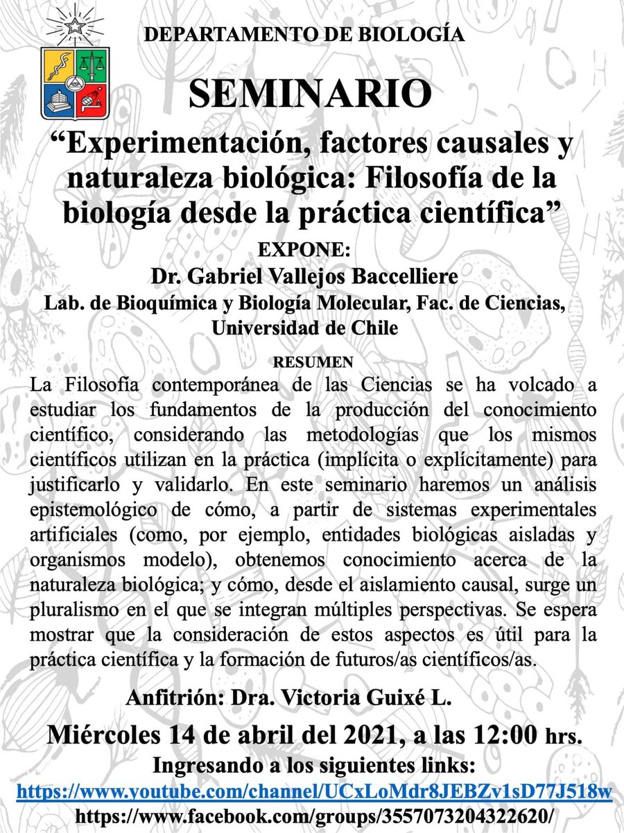 Este Miércoles a las 12:00, Gabriel Vallejos, investigador postdoctoral de nuestro laboratorio, que  también se dedica a la filosofía de las ciencias, nos mostrará cómo esto se relaciona con la investigación biológica experimental, No se lo pierdan! <a href="/uchile/">Universidad de Chile</a> <a href="/CienciasUChile/">CienciasUChile</a>