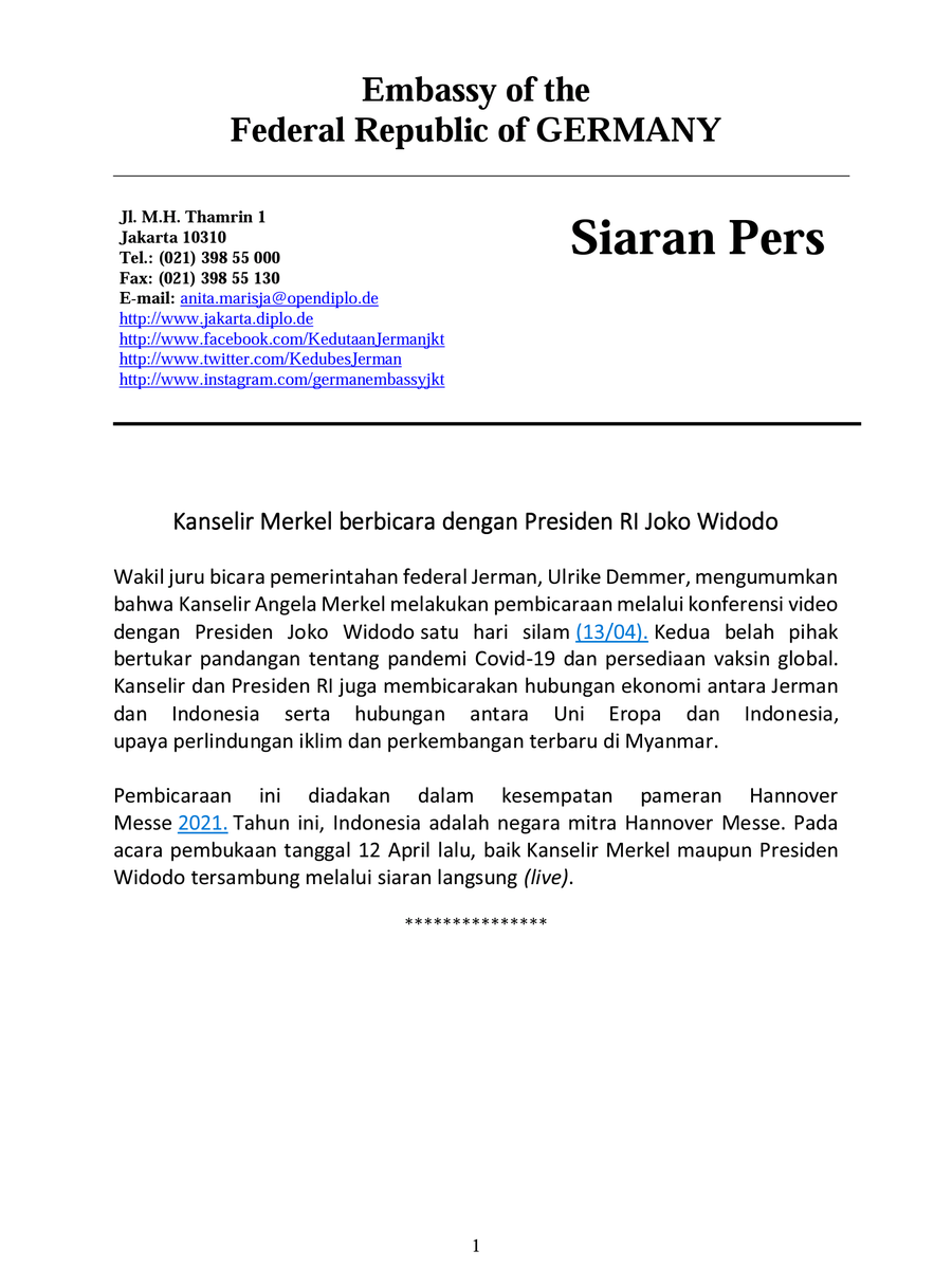 KedubesJerman's tweet photo. Kemarin, pada Hari Selasa, 13 April 2021 terjadi pembicaraan antara Kanselir 🇩🇪 Angela Merkel dengan Presiden 🇮🇩 @jokowi
Silakan baca lebih jelasnya di siara pers. #HM21 #HannoverMesse https://t.co/UmzLsTb5T0