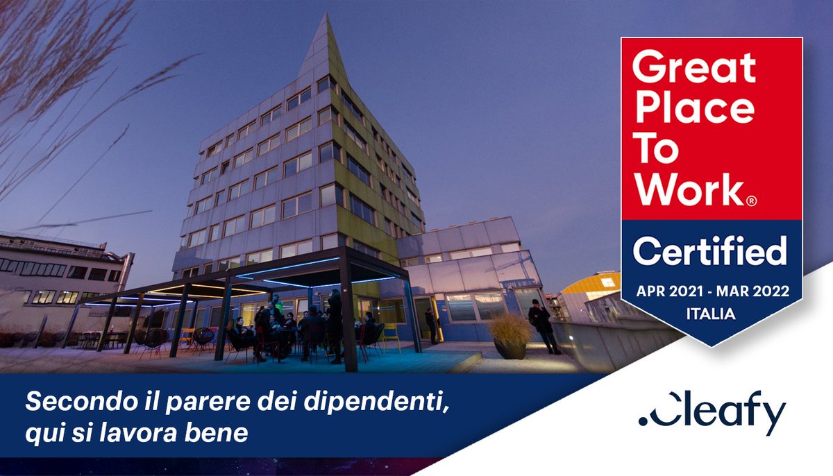 GPTWItalia's tweet photo. 🎊 Congratulazioni a #Cleafy per aver ottenuto la #Certificazione di #GreatPlaceToWorkItalia.
🔗 Scoprite di più sull’azienda al seguente link: https://t.co/uwitYSfrh6
#gptw #lavoro #aziende #GreatPlaceToWork #employerbranding #work #employees #gptwcertified #award @Cleafy https://t.co/m67yKjGIOd