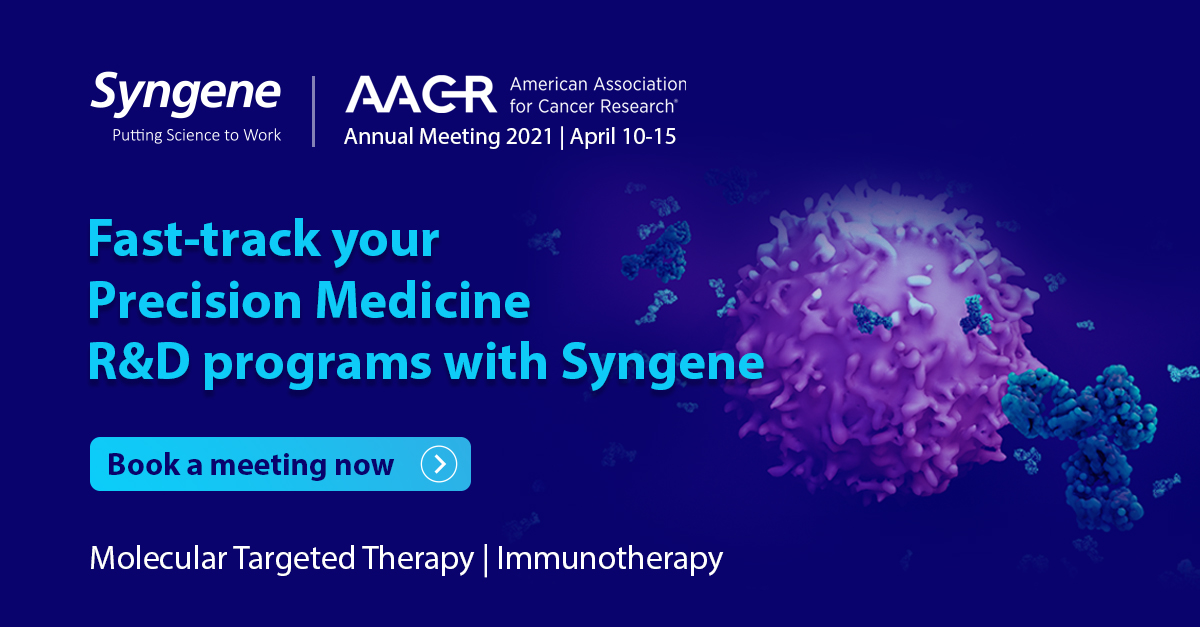 We are at #AACR 2021! Visit our virtual booth to connect with our experts & know about Syngene’s extensive set of #precisionmedicines services.
 Write to us at👉bdc@syngeneintl.com to book a meeting.
#AACR2021 #CancerResearch #DrugDiscovery #Cancerdrugs #oncology #Biopharma #CART