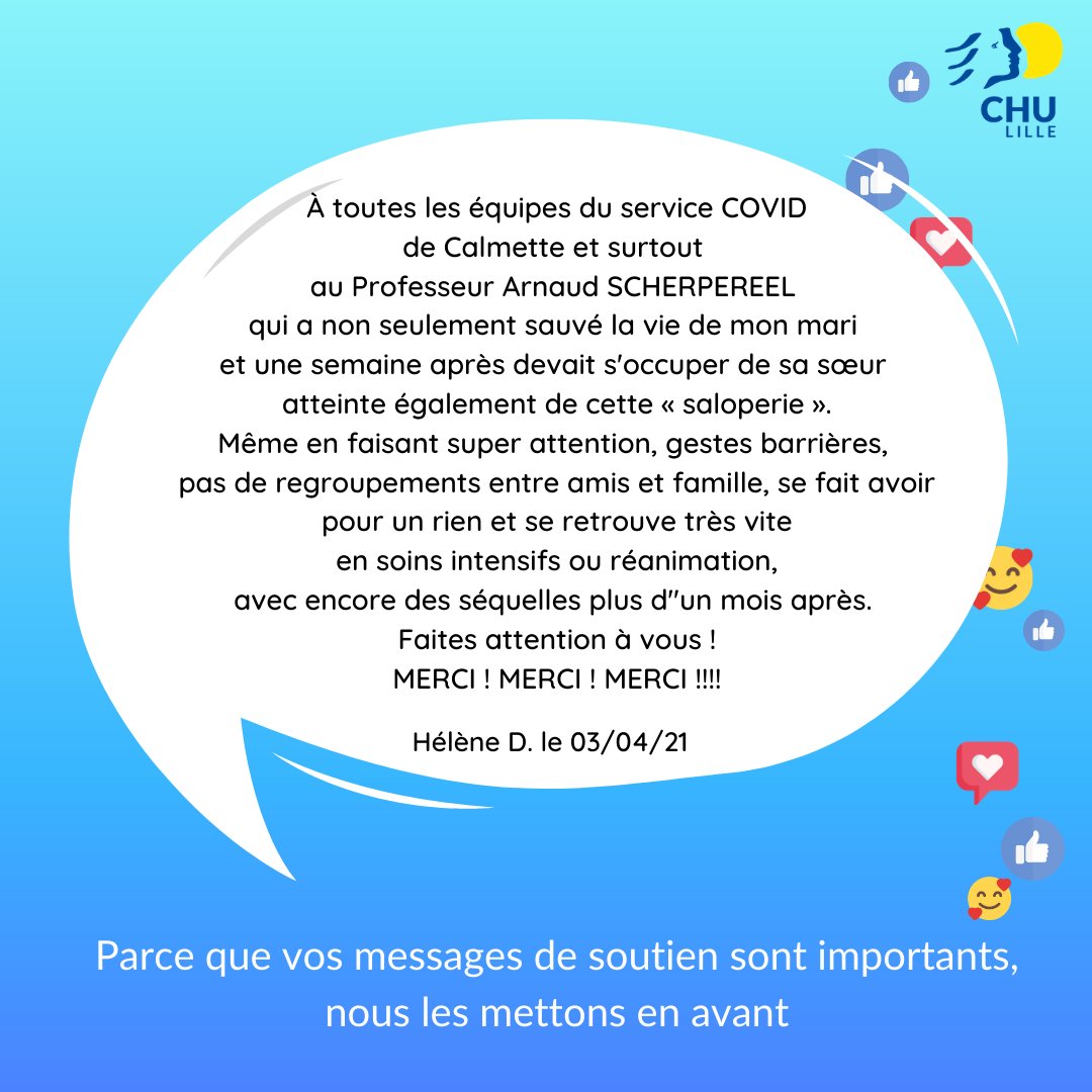 CHU de Lille (@chu_lille) on Twitter photo Solidarité avec nos soignants
👉 vos messages si touchants sont à l'honneur dans une série de posts sur nos réseaux sociaux 💙
Envie de nous envoyer un petit mot pour une prise en charge, pour une expérience de vie, n'hésitez pas en MP ou via
➡️ covid.soutenir@chru-lille.fr Solidarité avec nos soignants
👉 vos messages si touchants sont à l'honneur dans une série de posts sur nos réseaux sociaux 💙
Envie de nous envoyer un petit mot pour une prise en charge, pour une expérience de vie, n'hésitez pas en MP ou via
➡️ covid.soutenir@chru-lille.fr