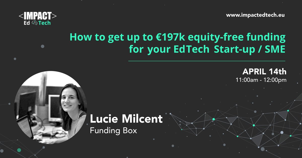 IMPACTEdTechEU's tweet photo. Join us today at 11:00 AM CEST to our first #IMPACTEdTech informative #Webinar lead by #LucieMilcent of @FundingBox ๐ฉโ๐ป๐https://t.co/9bydkCX4BS
@eu_schoolnet @FundingBox @ISDIacc
#EducationForAll #DigitalEducation #JointheEdTechRevolution https://t.co/0bjUANdtq2