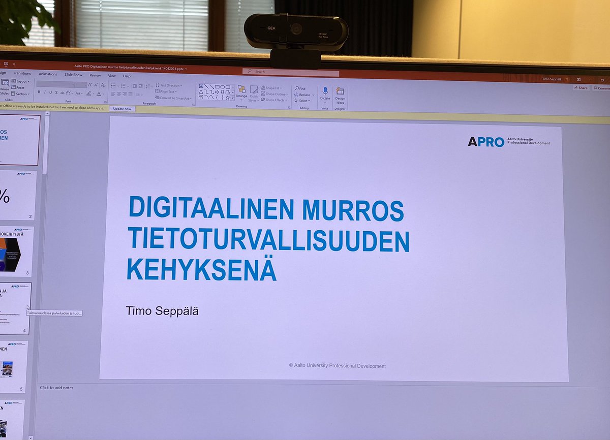 timoiseppala's tweet photo. Tänään iltapäivällä @AaltoPRO / @AaltoEE ja koulutuksen aiheena ”Digitaalinen murros tietoturvallisuuden kehyksenä” @brie_etla @brie_etla #EtlaTech @AaltoTUTA #alustat #tuotteidenautonomia #palveluidenautonomia #älykkäätteknologiat #digimurros https://t.co/Iw6sqFy9Ul
