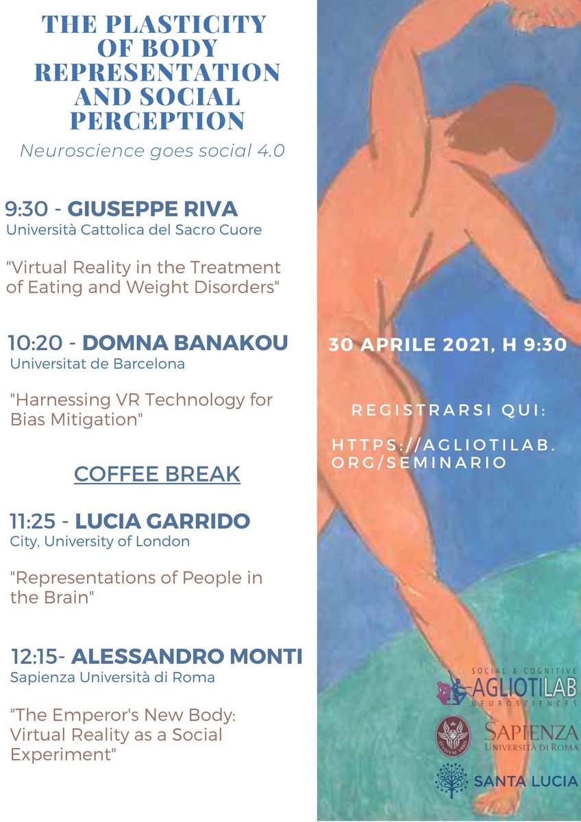 Check out the program with <a href="/RivaGiuseppe/">Giuseppe Riva</a>, <a href="/domnaban/">Domna Banakou</a>, <a href="/l_garrido/">Lucia Garrido</a> &amp; <a href="/alessandrmonti/">Alessandro Monti</a> 
Limited space!