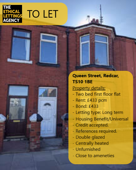 Great property to let in Redcar: 

Queen Street, Redcar 2 bed first floor flat. 

For more information bit.ly/3e4CFsS. Call the team on 01642 484845 or email contactus@ethicallettingsagency.co.uk

#propertytolet #lettingsagency #teesside