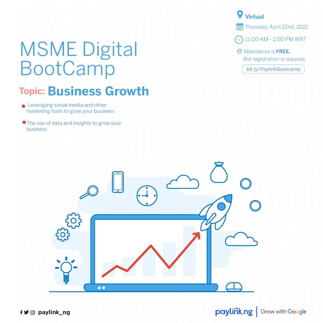 alexlobaloba's tweet photo. @Paylink_Ng in collaboration with Google Africa is organising the second edition of the virtual #PaylinkMSMEBootcamp with focus on Business Growth.

Registration for the bootcamp is totally FREE!

Interested? Book a seat here: https://t.co/lMmbqusQLi https://t.co/75ayU4xRPh