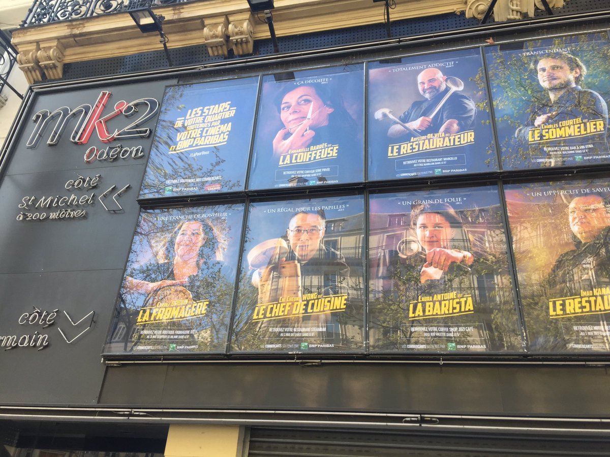 À Paris, les cinémas UGC et MK2 Odéon remplacement les affiches de films par des photographies de commerçants du quartier en signe de soutien !

Une idée de <a href="/BNPParibas/">BNP Paribas Group</a>