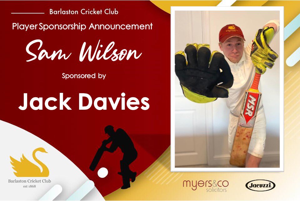 BarloCC's tweet photo. Approaching the end of our player sponsors and itโs keeper-batsman @SamuelLWilson today.
He is sponsored by @JackDavies12 who is offering an olive branch of forgiveness for dropping @WasimJaffer14 on one long day at Wolverhampton many years ago.
#chasingleather https://t.co/90IRSJBcOf