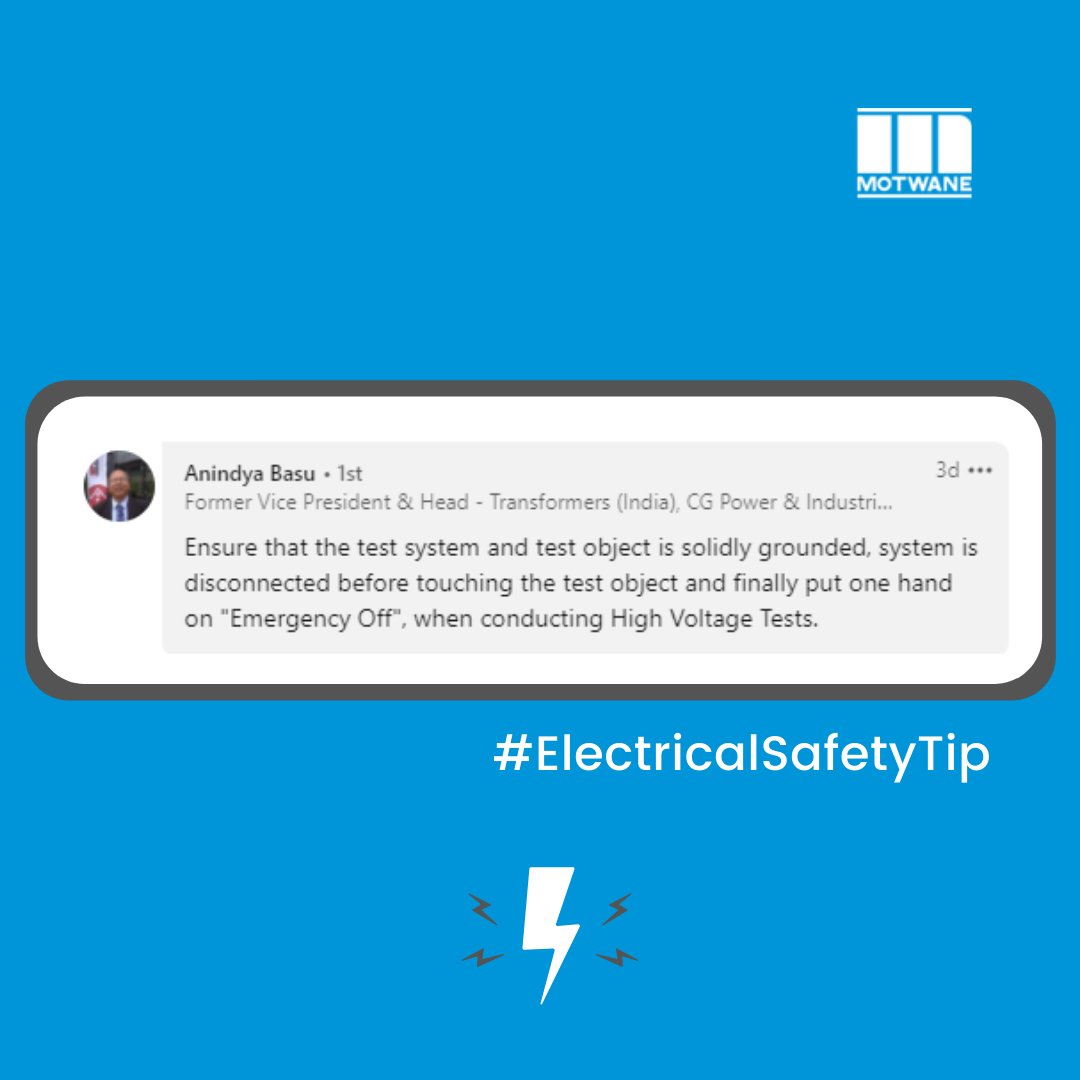 TheMotwane's tweet image. HV Testing Tip from the Expert! 
Here's simple yet profound advice from Mr. Anindya Bose on conducting HV Tests. 

Do share the words, #SafetyFirst!

#Motwane #HVTesting #ElectricalTesting #Transformer #ElectricalSafetyTip