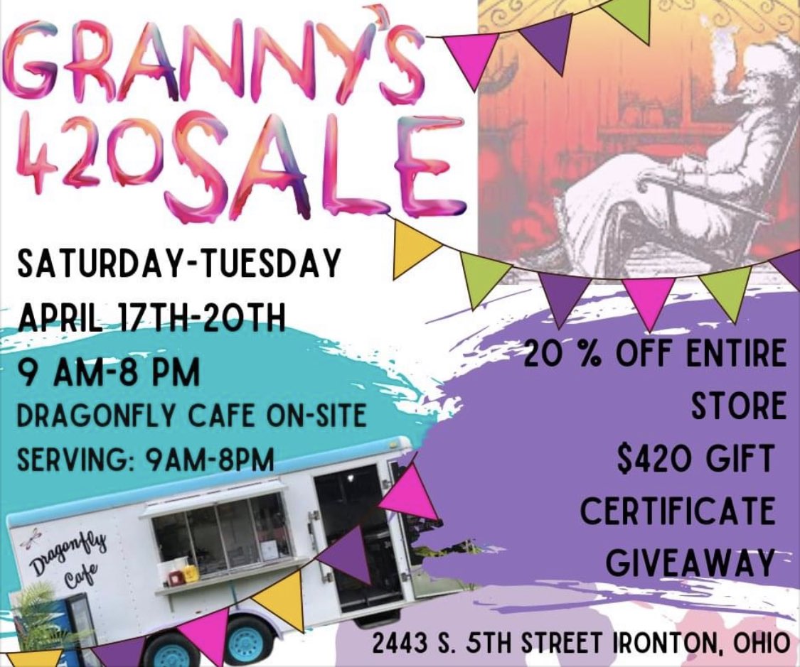 Come &amp; see us at our 20% off 4/20 event, 4 days, food trucks, vendors, &amp; fun!! Mark your calendars👇🏻
#grannys420giveaway
