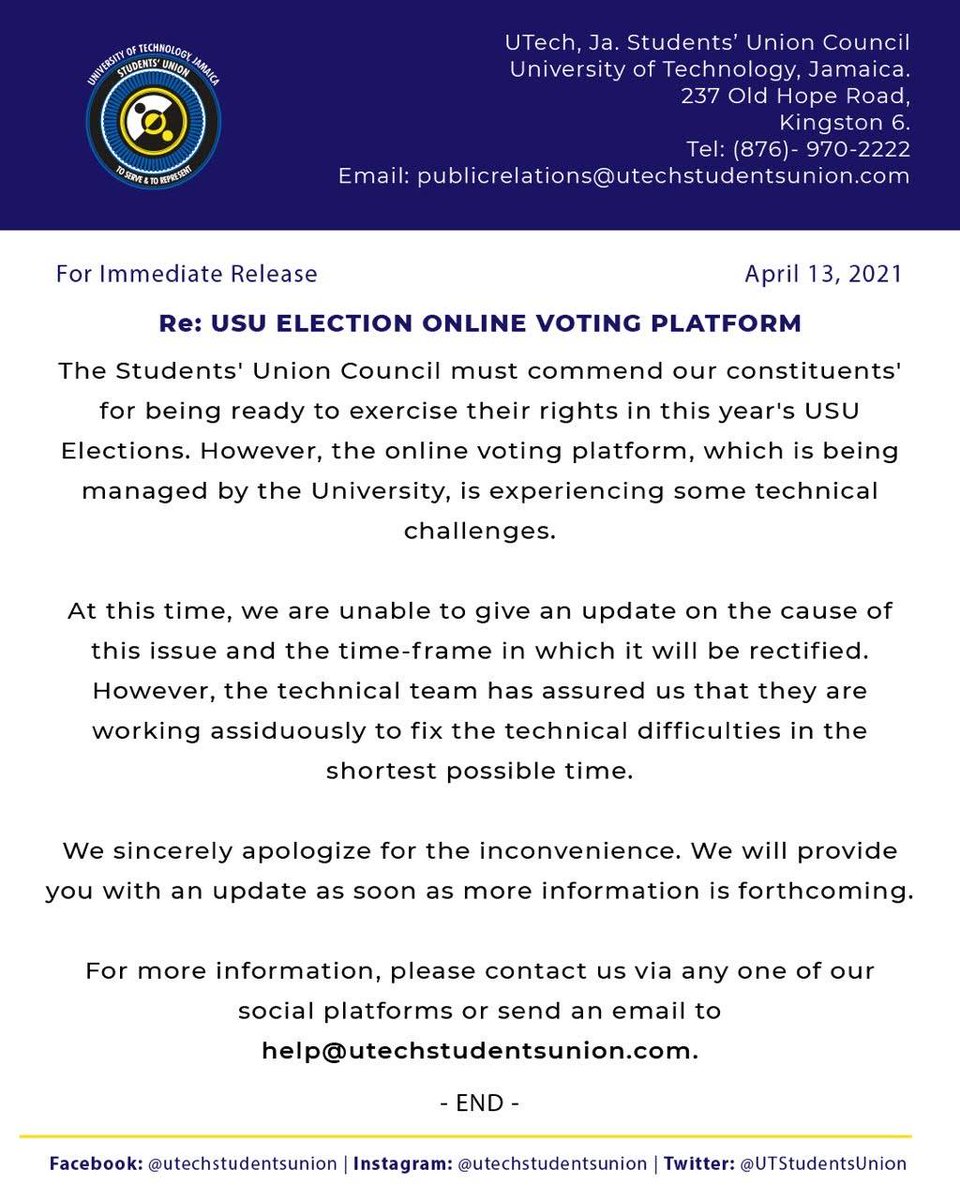 UTStudentsUnion's tweet photo. We are working with the university to rectify the issue in the shortest possible time.
We'll provide you with an update as soon as more information is made available to us.
#utechvotes2021
#usuelections
#usucouncil https://t.co/PcC7Pwt4X8