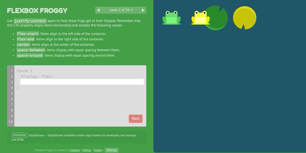 Flexbox froggy is a game for learning CSS flexbox ✨

flexboxfroggy.com
