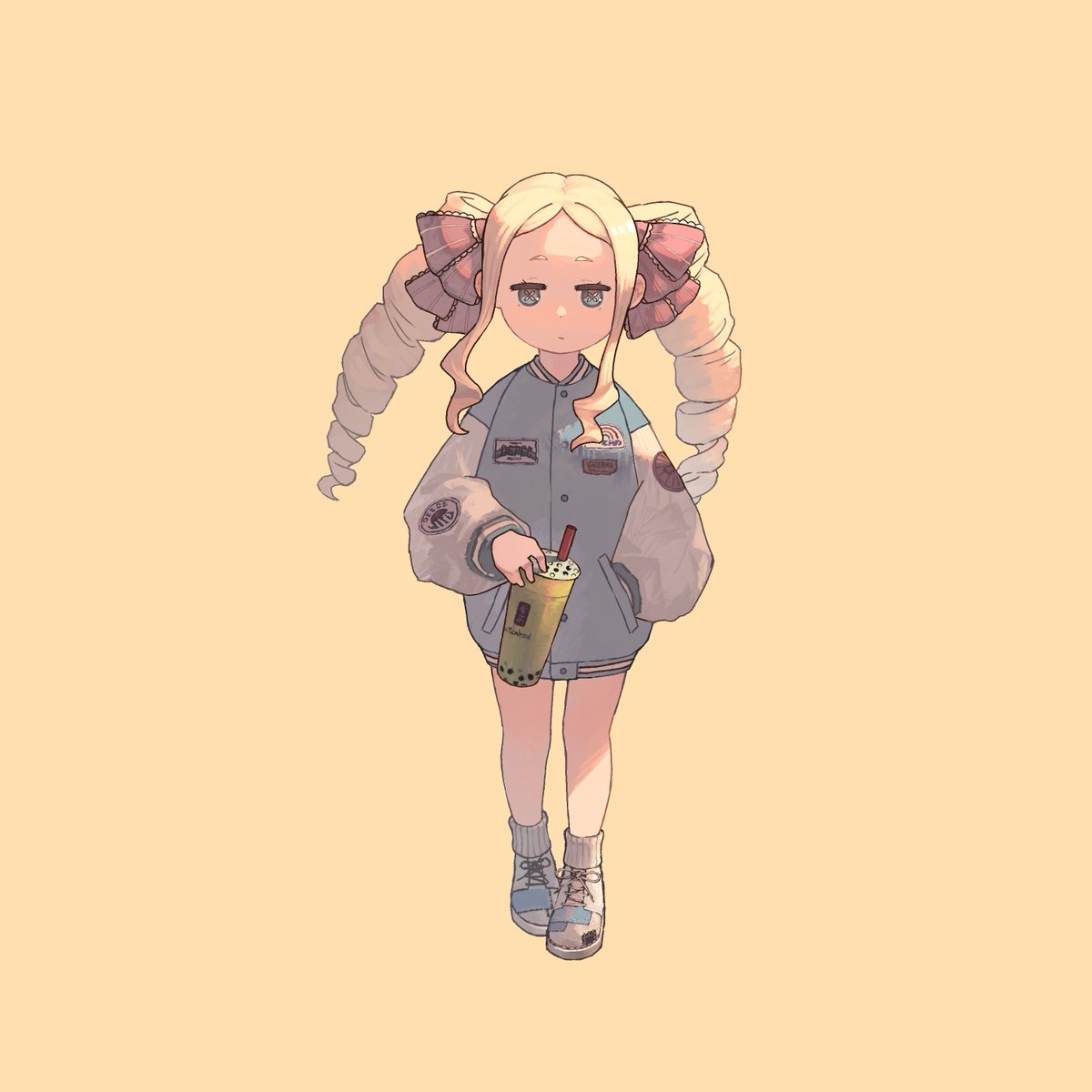 1girl solo blonde hair drill hair twin drills shoes jacket  illustration images