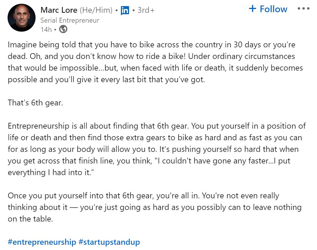 6th Gear for over 6 years now. Uphill, downhill, day, night, through obstacles, never stop, never back down.

All in.. always.

Thank you @marc_lore for this great metaphor of what it takes to be an entrepreneur. 

Now back to building $MWK :)