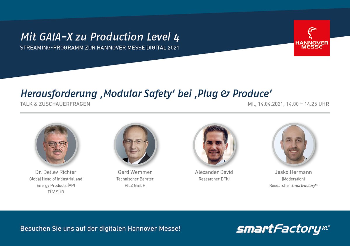 SmartFactoryKL's tweet image. Flexible Produktion heißt &apos;Plug&amp;amp;Produce&apos;-&amp;gt;mit steigenden Anforderungen an die Sicherheit. 3 Experten beschreiben, welche Lösungen es schon gibt &amp;amp; welche kommen👉hannovermesse.de/veranstaltung/… oder👉youtu.be/Qn3FPBRAvUY
@tuevsued @Pilz_INT @DFKI @ZVEIorg @hannover_messe #ModularSafety