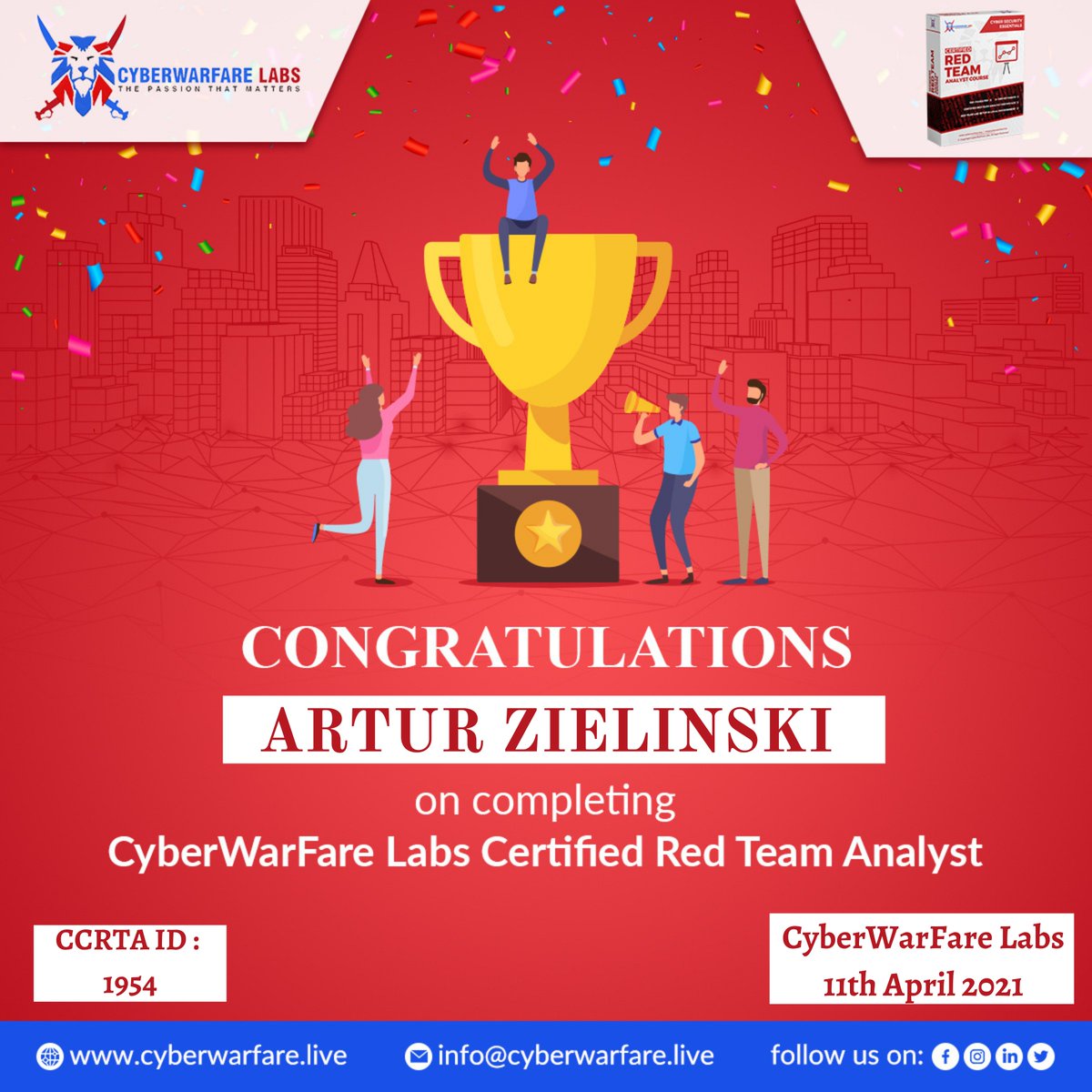cyberwarfarelab's tweet image. We congratulate Artur Zielinski on successfully completing CyberWarFare Labs Red Team Analyst Course [CCRTA] as of 11th April 2021!

Visit: cyberwarfare.live
Email: support@cyberwarfare.live

#redteam #cyberwarfare #adversarysimulationlab #congratulations #redteamlab