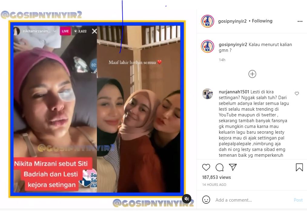 Komentar Nikita Mirzani terkait perselisihan Lesti Kejora dan Siti Badriah alias Sibad.