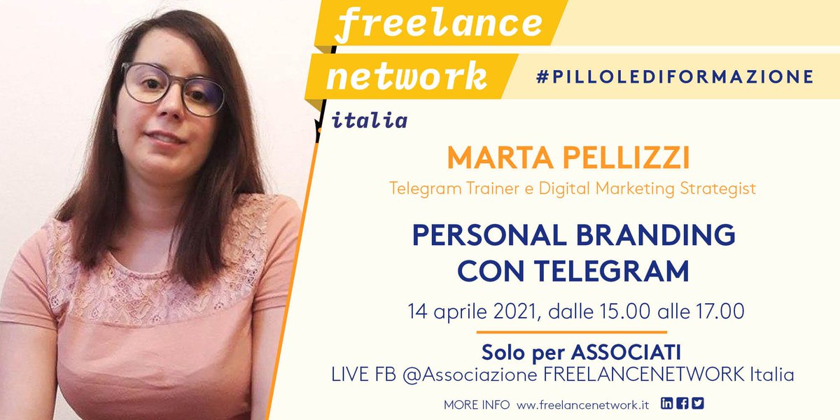 #pillolediformazione oggi dalle ore 15:00 - 17:00
Appuntamento con la mitica Marta Pellizzi per imparare come usare #Telegram per il #personalbranding.
SOLO PER GLI ASSOCIATI. Vai su diretta FB
Ti aspettiamo!
#insiemeèmeglio #freelance .<a href="/marta_pellizzi/">Marta Pellizzi</a> 

freelancenetwork.it/evento/come-fa…
