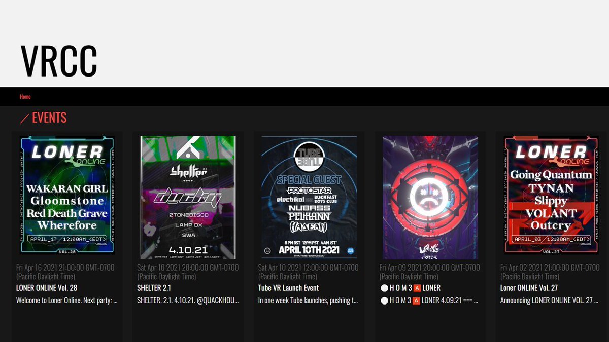 VR Club Collective のウェブサイト vrcc.events がオープンしました！VRChat で開催される音楽イベントの一覧を一箇所で確認でき，開催時間はタイムゾーンに応じて自動的に変換されて表示されます！イベント登録は現在招待限定ですが，近いうちに誰でも登録できるようになる予定です！