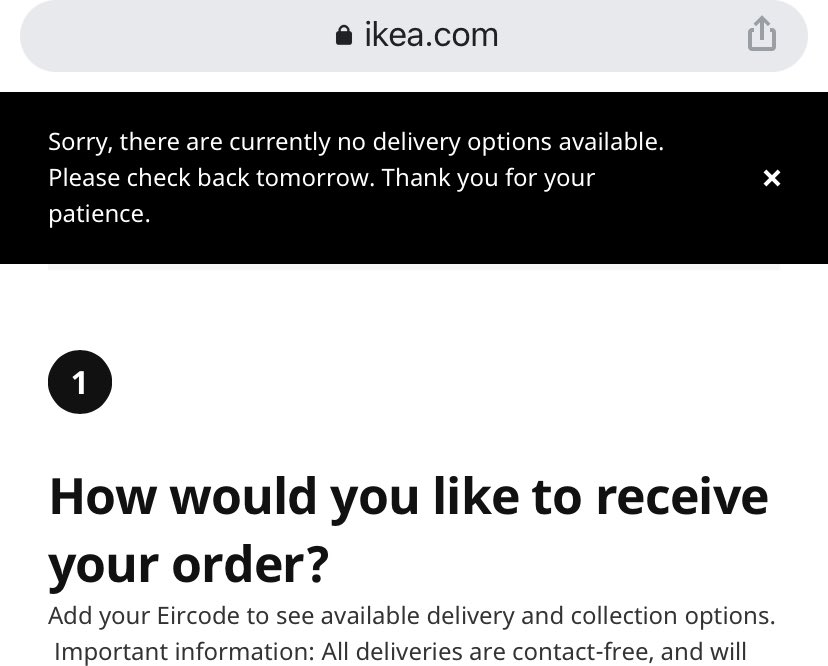 Simply_Deeee's tweet photo. @IKEAIE are there any delivery slots? Trying for 3 days and same try back tomorrow notification https://t.co/r9C8DFXNH0