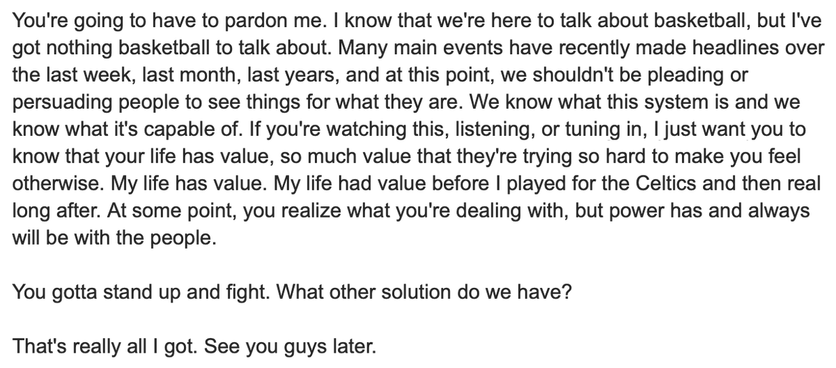 Full quote from Jaylen Brown when asked about the police shooting tragedies of the last week and the recently passed voting laws in Georgia: