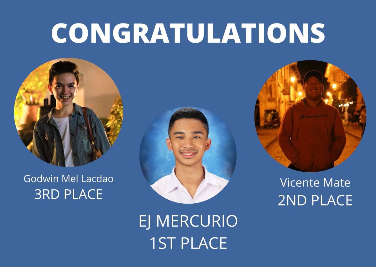 SOLE_of_USC's tweet photo. Congratulations to our Impromptu Speaking Competition winners!

3rd place
Godwin Mel Ernest Lacdao
Leyte National High School

2nd place
Vicente Mate
Liceo del Verbo Divino

1st
EJ Mercurio
Bacolod Tay Tung High School Inc. https://t.co/Yj4cnAmvqr