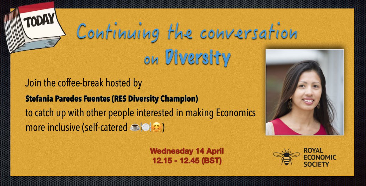 Last day of #RES2021 
With online conferences, we do miss interaction & the possibility to talk to people on topics we care about. 

Hopefully the various coffee sessions today can mitigate this a bit. 

If you want to talk about Diversity, join me at 12.15. 

@RoyalEconSoc