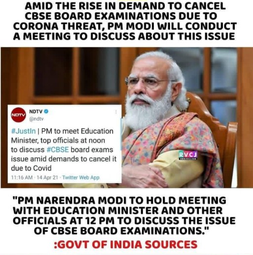 imSharmaAayush's tweet photo. #cancelboardexams2021 
Sources says that:-
PM to hold a meeting with education minister to discuss about the ongoing demands to cancel boards exam at noon.
@narendramodi 
@DrRPNishank 
@cbseindia29 https://t.co/dx6TQpyCrG