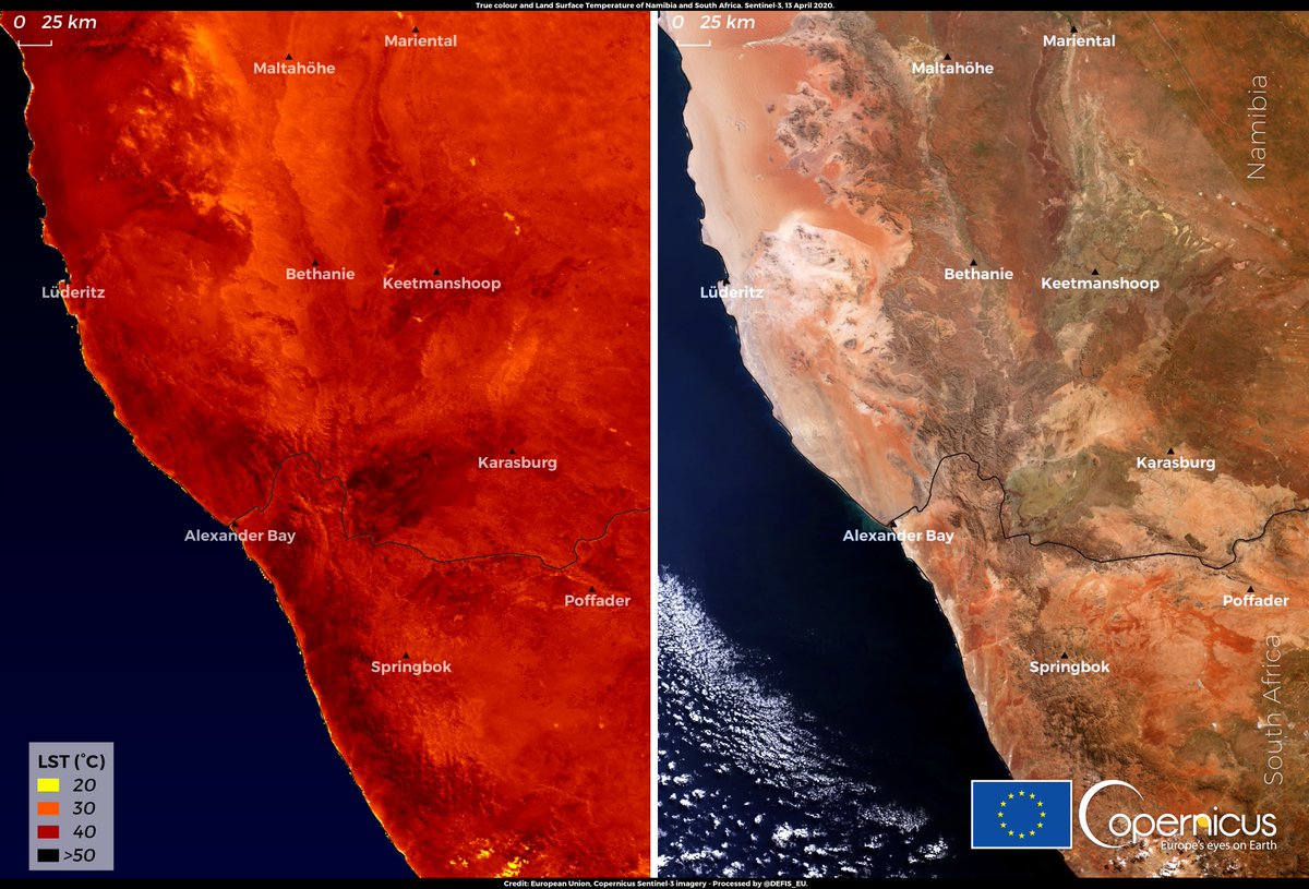 defis_eu's tweet photo. #ImageOfTheDay

Yesterday the highest minimum T° ever measured in April in the Southern Hemisphere was possibly recorded in #Vioolsdrif🇿🇦: 31.7°C 

↙️Land Surface Temperature
↘️Optical view of southern #Namibia &amp; NW #SouthAfrica
as sensed yesterday by @CopernicusEU #Sentinel3🇪🇺🛰️ https://t.co/QNSSYq65fV