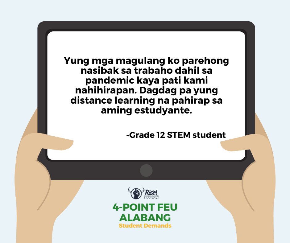 Students and their parents are continuously suffering financially due to the worsening health crisis.

We urge the FEU administration to support the call in holding accountability to the national government's negligent pandemic response!

#NoStudentsLeftBehind